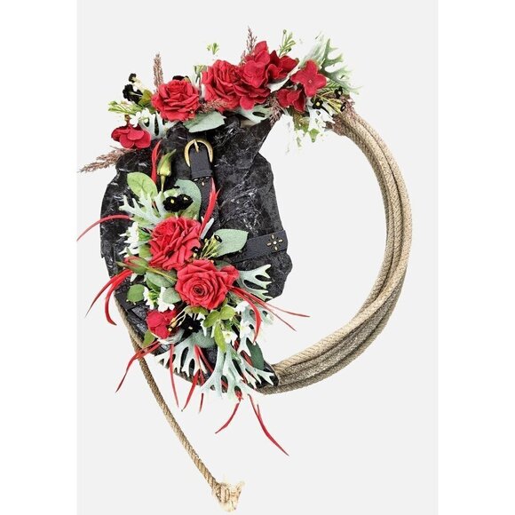 Artificial Floral Wreath With Red Roses & Greenery On Black Textured Base & Rope - Picture 2 of 14